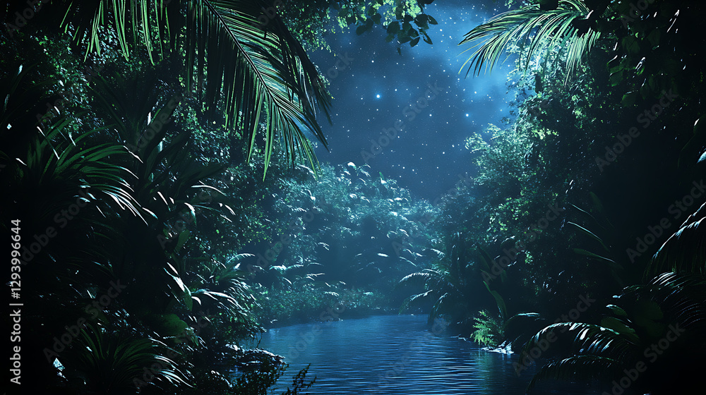 Obraz premium A Mysterious Jungle Scene at Night with Glowing Fireflies, Tall Trees, and a Moonlit Sky