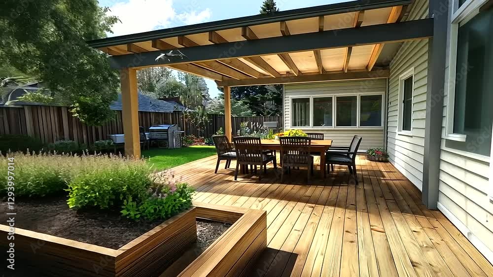 An artistic drawing of a home deck extension with layered levels, integrated garden beds, and a dining table under a pergola, all drawn with precise detailing An artistic drawing of a home deck extension with layered levels, integrated garden beds, and a dining table under a pergola, all drawn with precise detailing