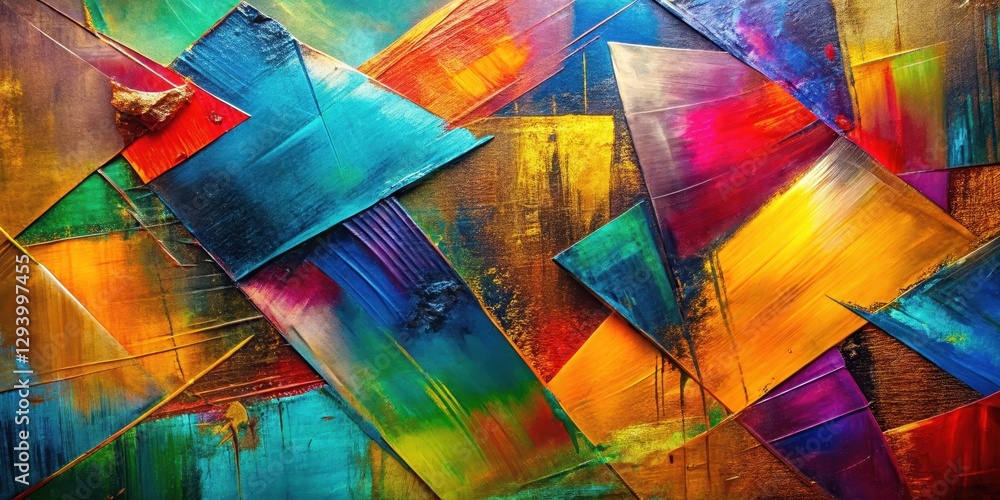 Fototapeta premium Geometric shapes and vibrant colors blend with expressive brushstrokes on a metallic canvas surface , abstract art, dynamic brushstrokes