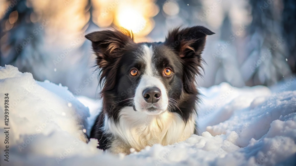Adorable Border Collie snuggled up in a snowbank Adorable Border Collie snuggled up in a snowbank