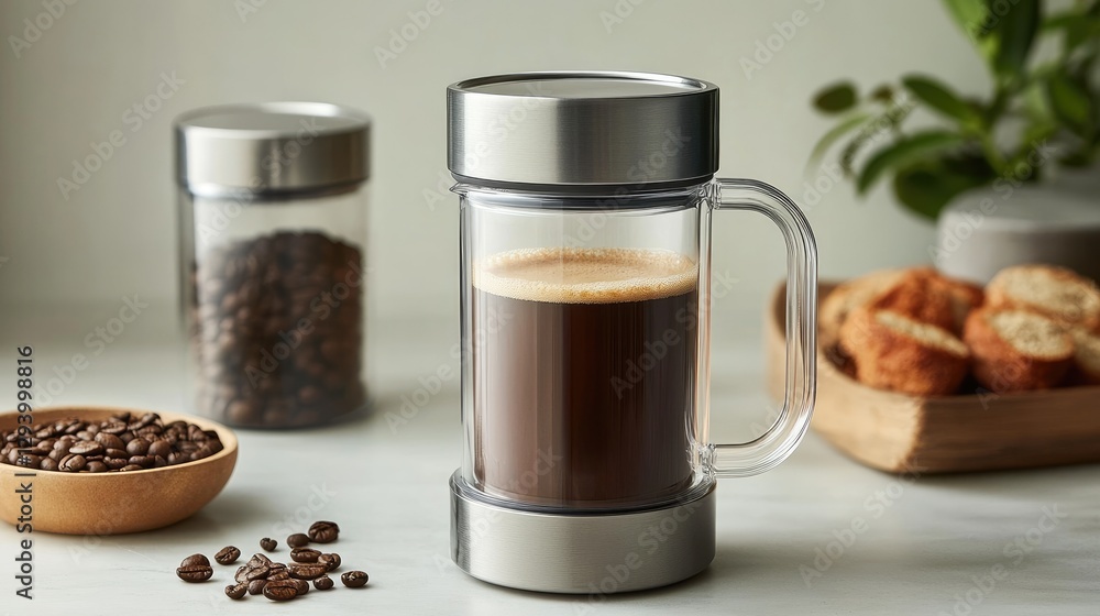 Coffee maker with a stainless steel finish, brewing fresh coffee into a double-walled glass mug. Coffee maker with a stainless steel finish, brewing fresh coffee into a double-walled glass mug.