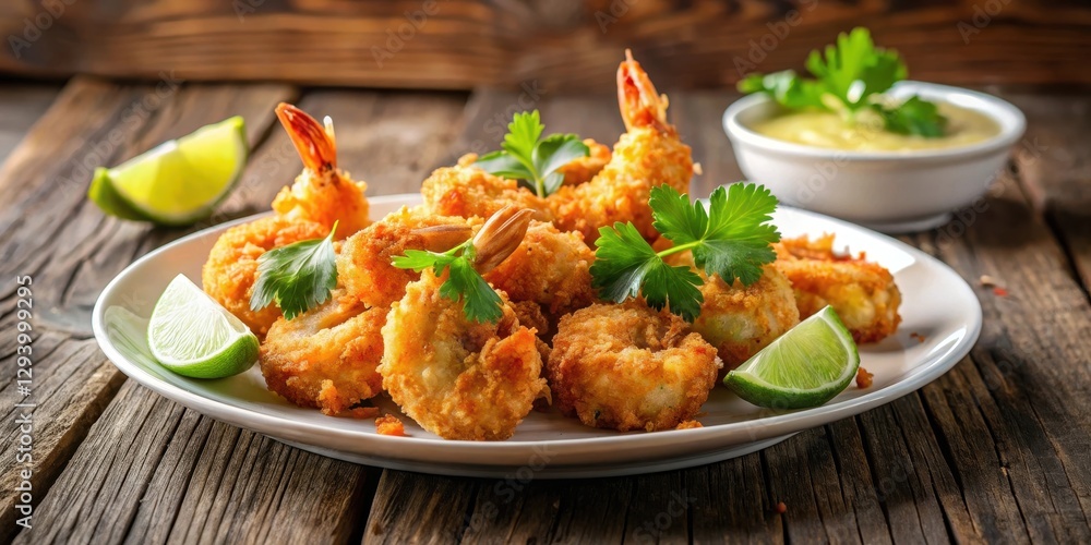 Succulent coconut shrimp prawns on a elegant white plate, garnished with fresh cilantro and a squeeze of lime juice, set against a warm wooden background , garnish, appetizer Succulent coconut shrimp prawns on a elegant white plate, garnished with fresh cilantro and a squeeze of lime juice, set against a warm wooden background , garnish, appetizer