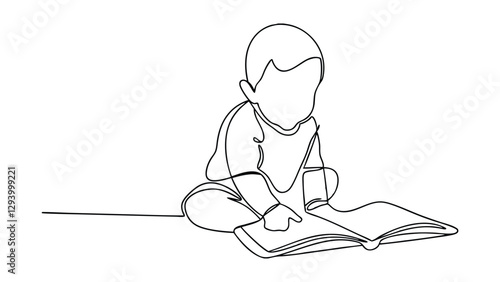 A minimalist line drawing depicts a baby sitting, intently focused on a large open book. Simple, charming illustration of early childhood literacy.
