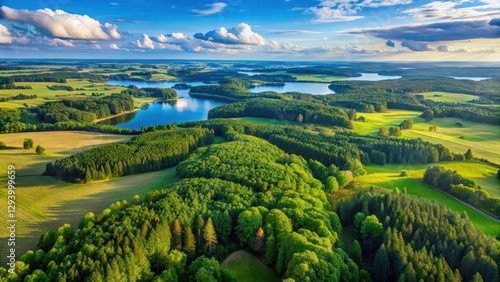 Fototapeta Naklejka Na Ścianę i Meble -  Panoramic aerial view of Mazury with rolling hills and vast forests , landscape, panorama, landscape,panorama,mazury