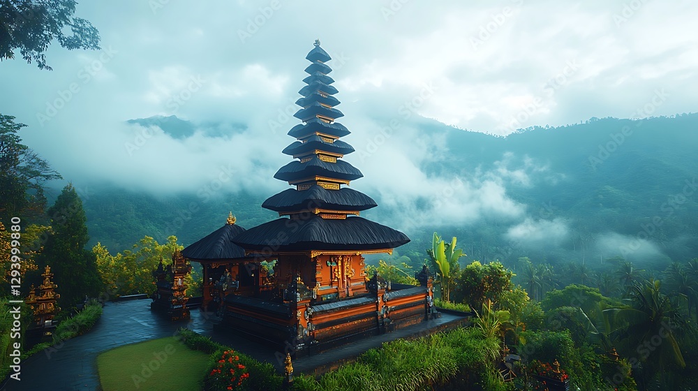 Fototapeta premium A majestic temple in a lush mountainous environment with clouds
