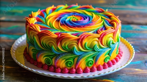 Vibrant colorful cake with swirling patterns and multiple colors on a plate , colorful cake, party decor photo