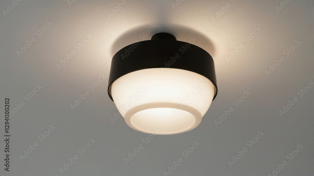 Black Ceiling Lamp with Tall White Shade Illuminating Room Interior Modern Lighting Fixture Overhead Illumination Source Black Ceiling Lamp with Tall White Shade Illuminating Room Interior Modern Lighting Fixture Overhead Illumination Source