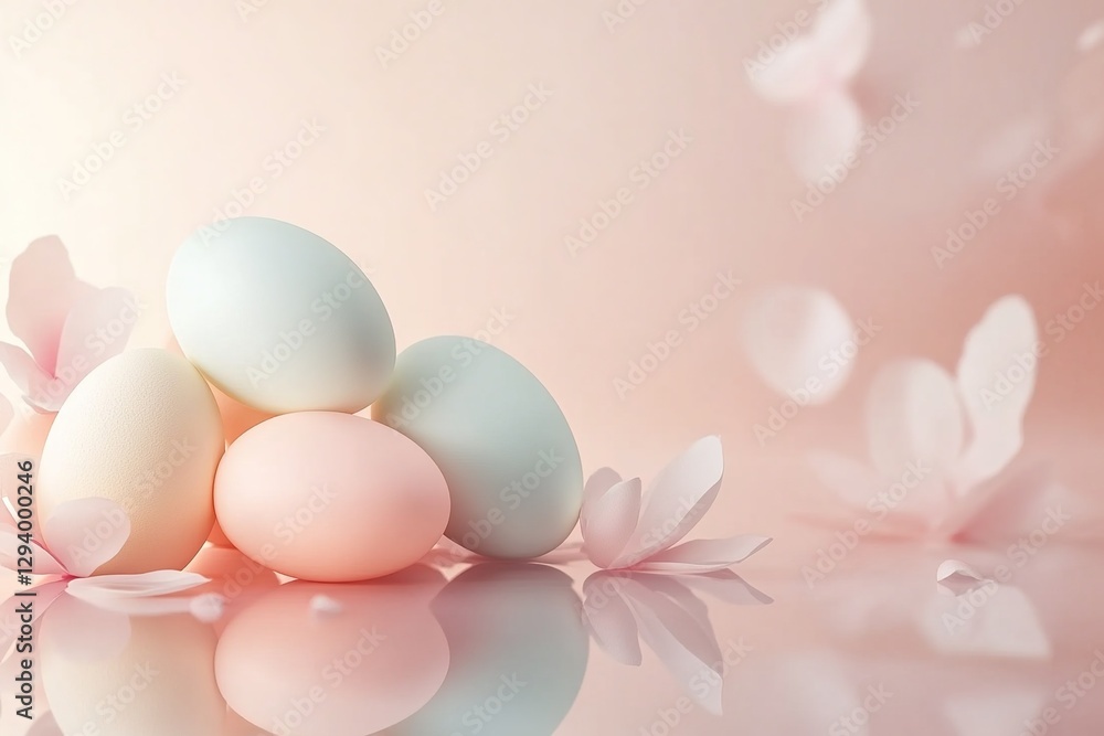 close-up composition pile of pastel colors painted Easter eggs surrounded by delicate flower petals with blurred background with copy space close-up composition pile of pastel colors painted Easter eggs surrounded by delicate flower petals with blurred background with copy space