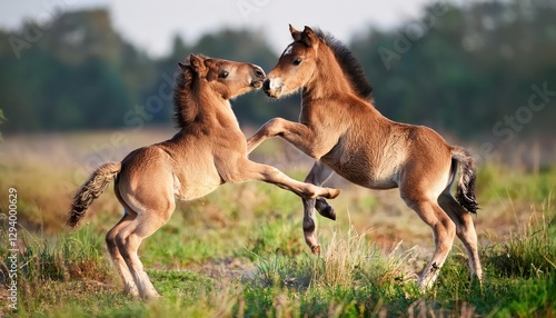 Dusky Meadow Moments Cute Konik Foals Frolic Free in the Poli Herd as Sunset Paints the Sky with Warm Hues, Embracing the Serene Beauty of Natures Playground.