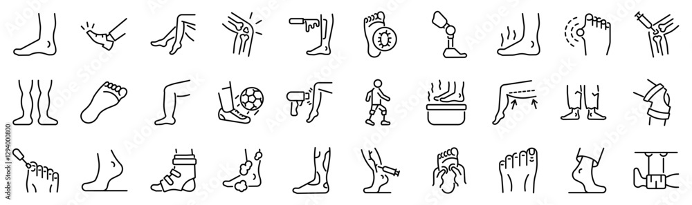 Set of 30 outline icons related to leg, foot. Linear icon collection. Editable stroke. Vector illustration Set of 30 outline icons related to leg, foot. Linear icon collection. Editable stroke. Vector illustration