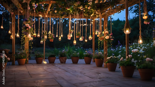 Magical garden pavilion with hanging flowers and lights creating a serene evening atmosphere