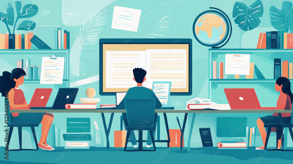 Education online for student, vector illustration, flat tiny man woman character learning at distance school class, sitting at books, armchair, globe. Education online for student, vector illustration, flat tiny man woman character learning at distance school class, sitting at books, armchair, globe.