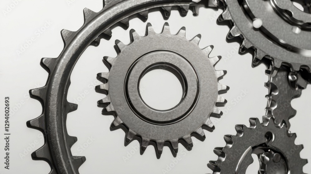 Close Up of Interlocking Silver Sprockets and Gears Against White Backdrop Mechanical Precision and Engineering Detail Close Up of Interlocking Silver Sprockets and Gears Against White Backdrop Mechanical Precision and Engineering Detail