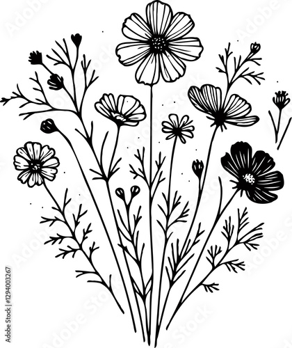 PNG Sketch Illustration, outline black and white flower, floral drawing  wild flowers, Doodle Set of contour leaves and buds. Art of Plants, line art pattern cosmos, Chamomile, daisies, grasses, stems