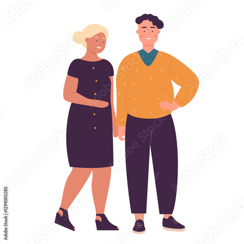 Overweight couple standing close, depicting diverse body types and contemporary fashion choices. The woman is holding her partner s arm, both smiling warmly vector illustration.