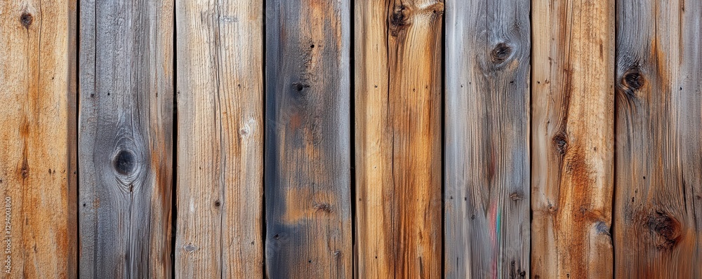Fototapeta premium A close-up view of a rustic wooden fence with weathered planks and a bright red fire hydrant nearby.