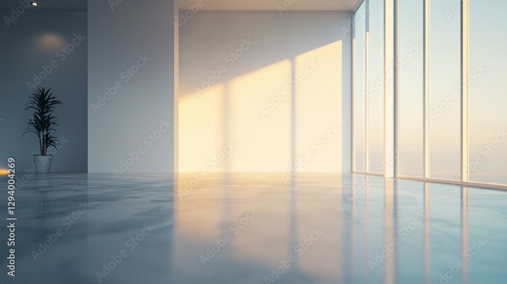 Fototapeta premium Bright and Spacious Modern Interior with Large Windows and Plants