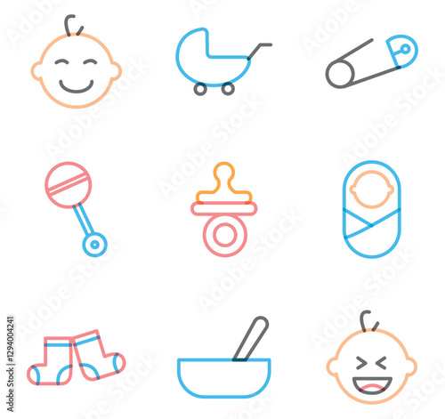 Set of vector icons of baby shower in lines with white background