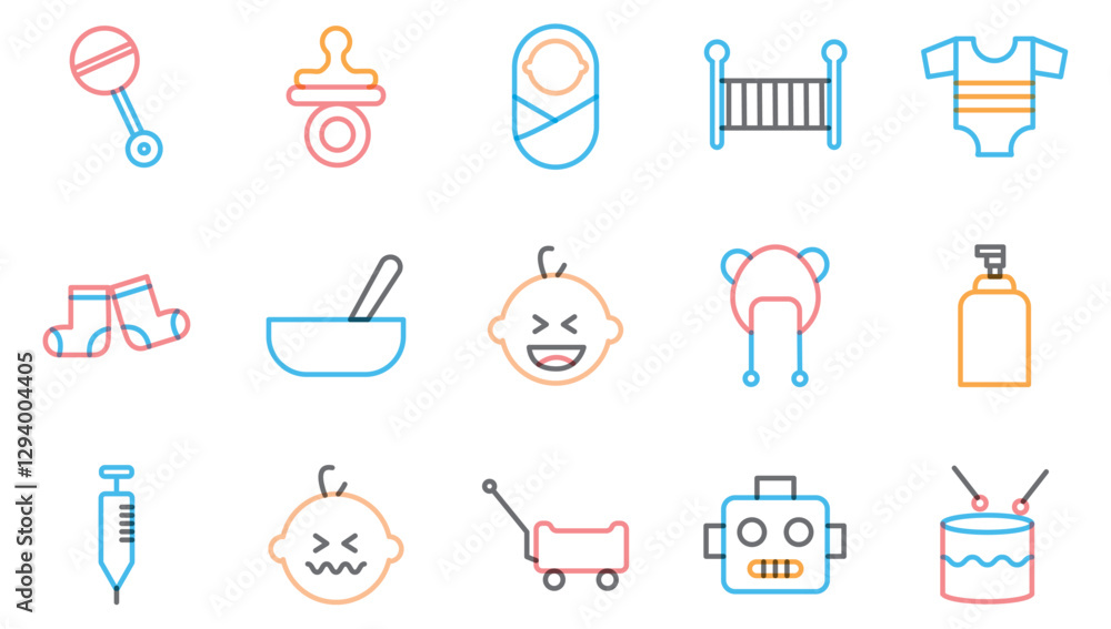 Set of vector icons of baby shower in lines with white background