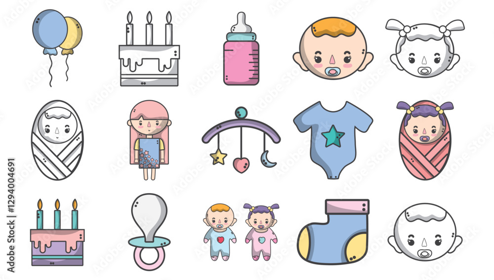 Fototapeta premium Set of baby shower vector icons with white background