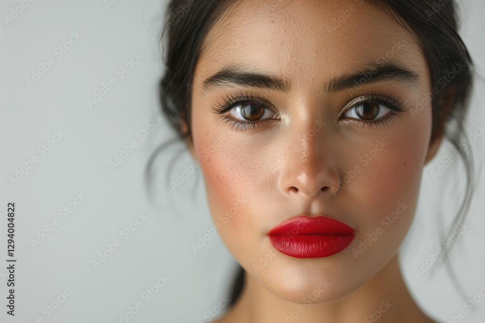 Close-up portrait of a young woman with dark hair, striking red lips, and expressive eyes, showcasing natural beauty and elegance. Close-up portrait of a young woman with dark hair, striking red lips, and expressive eyes, showcasing natural beauty and elegance.