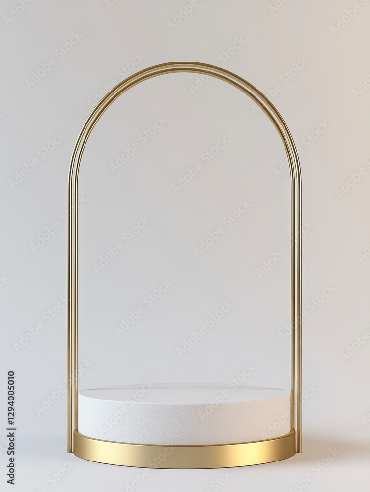 golden geometric frame in the shape of an arch, set against a white background. The focus is on a circular pedestal with gold edges and base, creating a minimalist design golden geometric frame in the shape of an arch, set against a white background. The focus is on a circular pedestal with gold edges and base, creating a minimalist design