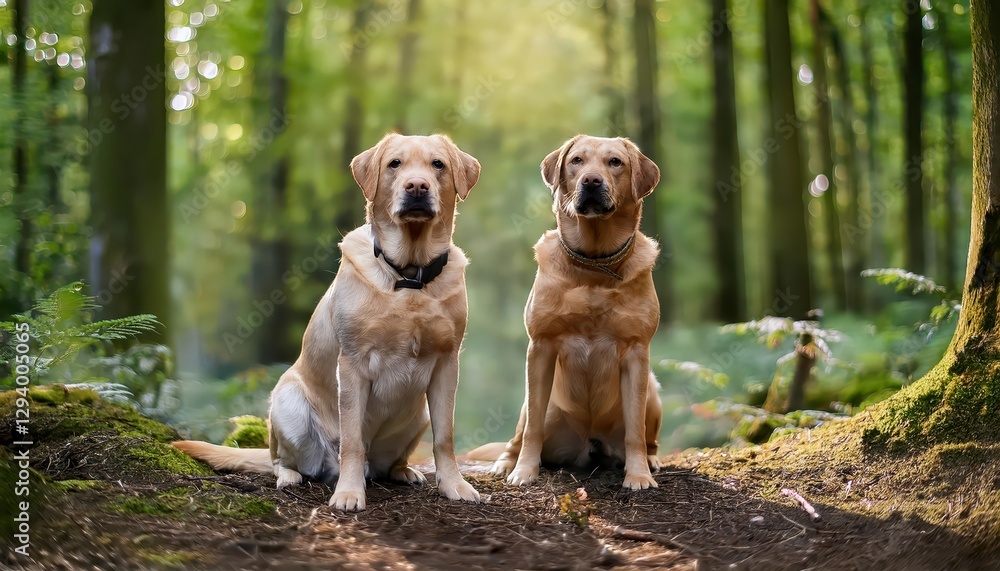 Two Playful Labradors Amidst a Lush Forest Mood A Serene Dog Portrait Capturing the Peace and Beauty of Nature, Invoking a Feeling of Tranquility. Two Playful Labradors Amidst a Lush Forest Mood A Serene Dog Portrait Capturing the Peace and Beauty of Nature, Invoking a Feeling of Tranquility.