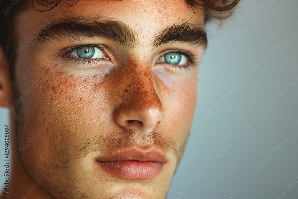 Close-up of a young Caucasian man with striking blue eyes and freckles, displaying a calm and confident expression. Close-up of a young Caucasian man with striking blue eyes and freckles, displaying a calm and confident expression.
