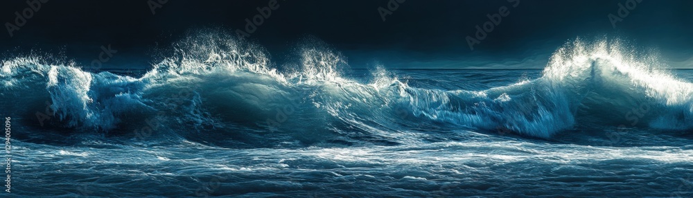 Aerial view of a powerful wave crashing on the ocean surface under a starry night sky, shimmering. Aerial view of a powerful wave crashing on the ocean surface under a starry night sky, shimmering.