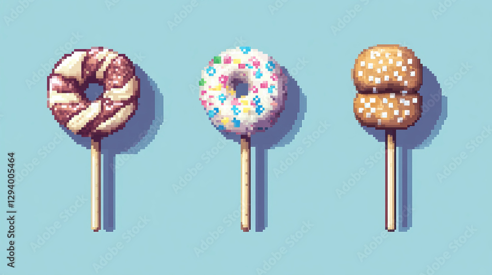 Ice cream on stick and bagel style of pixel art vector illustration. Ice cream on stick and bagel style of pixel art vector illustration.
