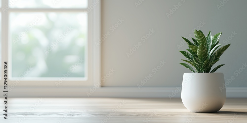 A simple green plant in a white pot sits on a wooden floor beside a window, creating a serene and modern interior scene. A simple green plant in a white pot sits on a wooden floor beside a window, creating a serene and modern interior scene.