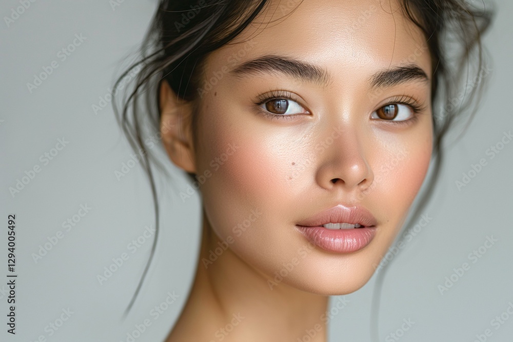 Fototapeta premium A close-up portrait of an Asian female model with flawless skin, showcasing natural beauty and soft features.