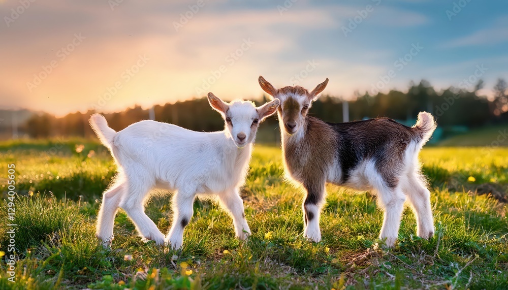 Playful Baby Goats Frolicking on a SunKissed Summer Farm, Blending Creamy Textures and Vibrant Green Scenery with a Joyful Spirit Playful Baby Goats Frolicking on a SunKissed Summer Farm, Blending Creamy Textures and Vibrant Green Scenery with a Joyful Spirit