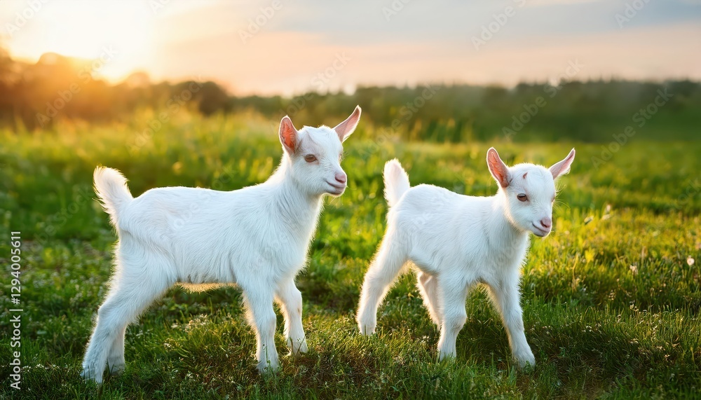 Playful Kid Goats Frolicking Amongst a Blossoming Summer Field, Capturing the Joy and Energy of Rural Pastimes in a Vibrant Outdoor Scene. Playful Kid Goats Frolicking Amongst a Blossoming Summer Field, Capturing the Joy and Energy of Rural Pastimes in a Vibrant Outdoor Scene.