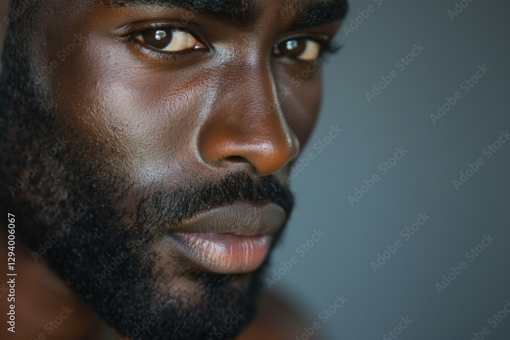 Obraz premium Close-up portrait of a handsome Black man with a strong jawline and intense gaze.