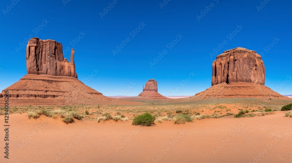 Three sandstone buttes rise against a clear blue sky in Monument Valley, Utah. The buttes are reddish brown, and the foreground is a flat expanse of Three sandstone buttes rise against a clear blue sky in Monument Valley, Utah. The buttes are reddish brown, and the foreground is a flat expanse of