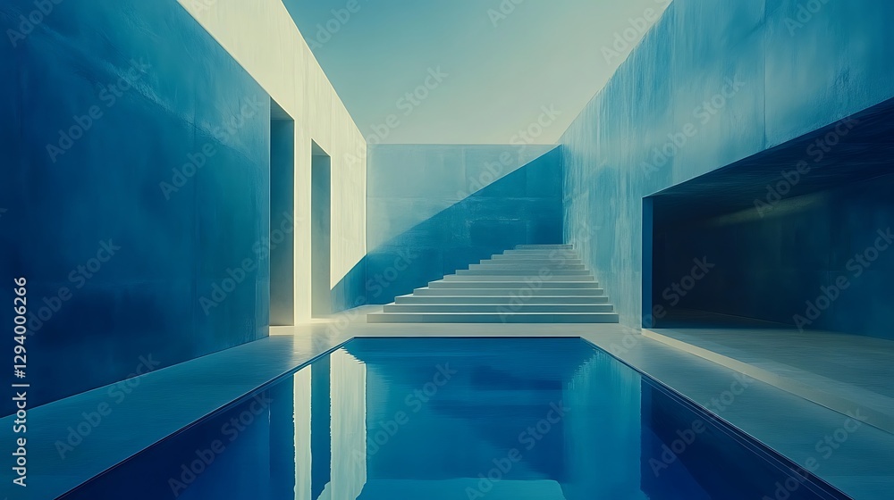 Fototapeta premium A modern architectural scene featuring a reflective pool and stairs