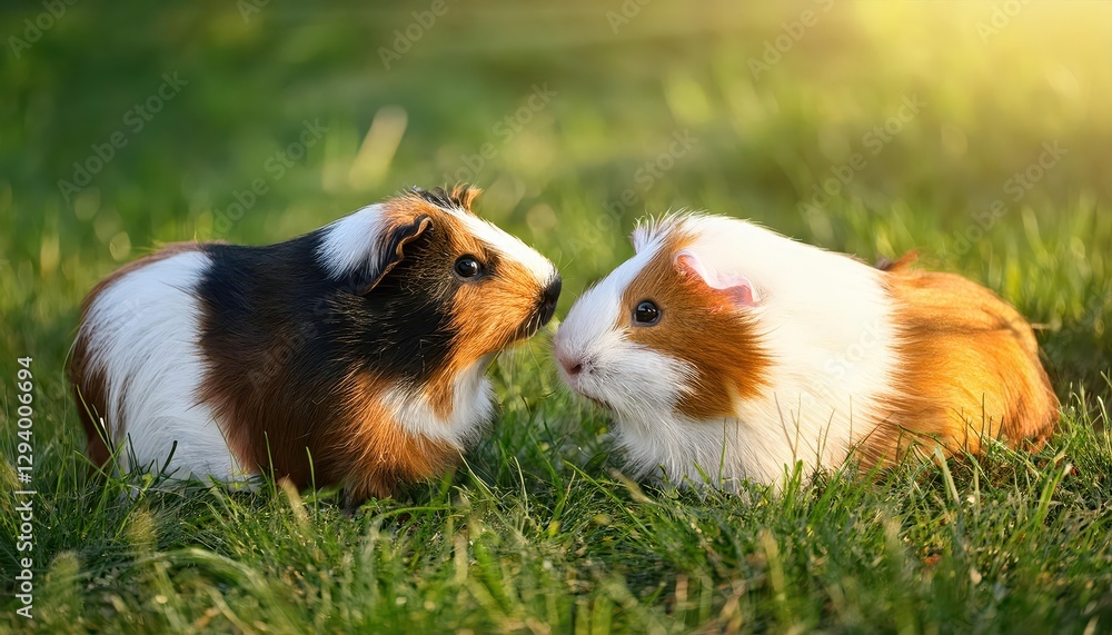 Two Playful Guinea Pigs Frolicking on a Lush Summer Lawn, Capturing the Spirit of Joy and Warmth Two Playful Guinea Pigs Frolicking on a Lush Summer Lawn, Capturing the Spirit of Joy and Warmth