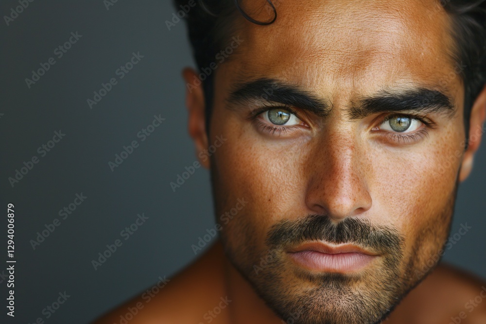 Obraz premium Intense portrait of a handsome Middle-Eastern man with piercing green eyes.