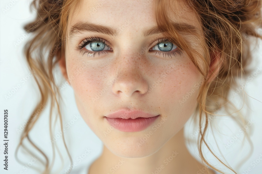 Close-up of a young Caucasian girl with curly hair and striking blue eyes, showcasing her natural beauty and freckles. Close-up of a young Caucasian girl with curly hair and striking blue eyes, showcasing her natural beauty and freckles.
