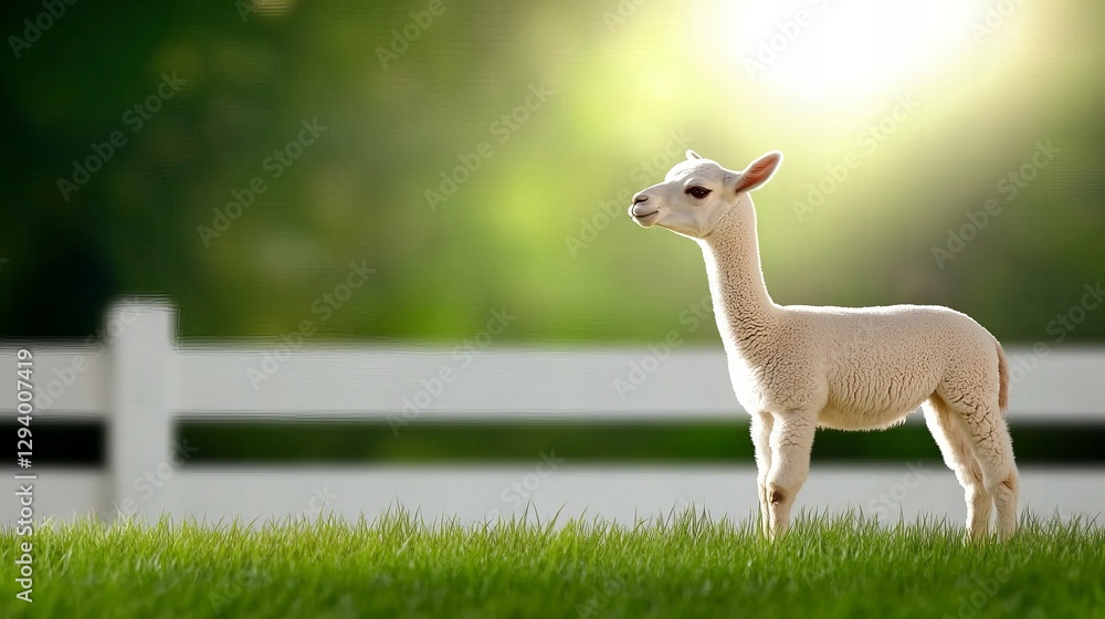 Obraz premium Adorable young alpaca standing in lush green field with sunlit background