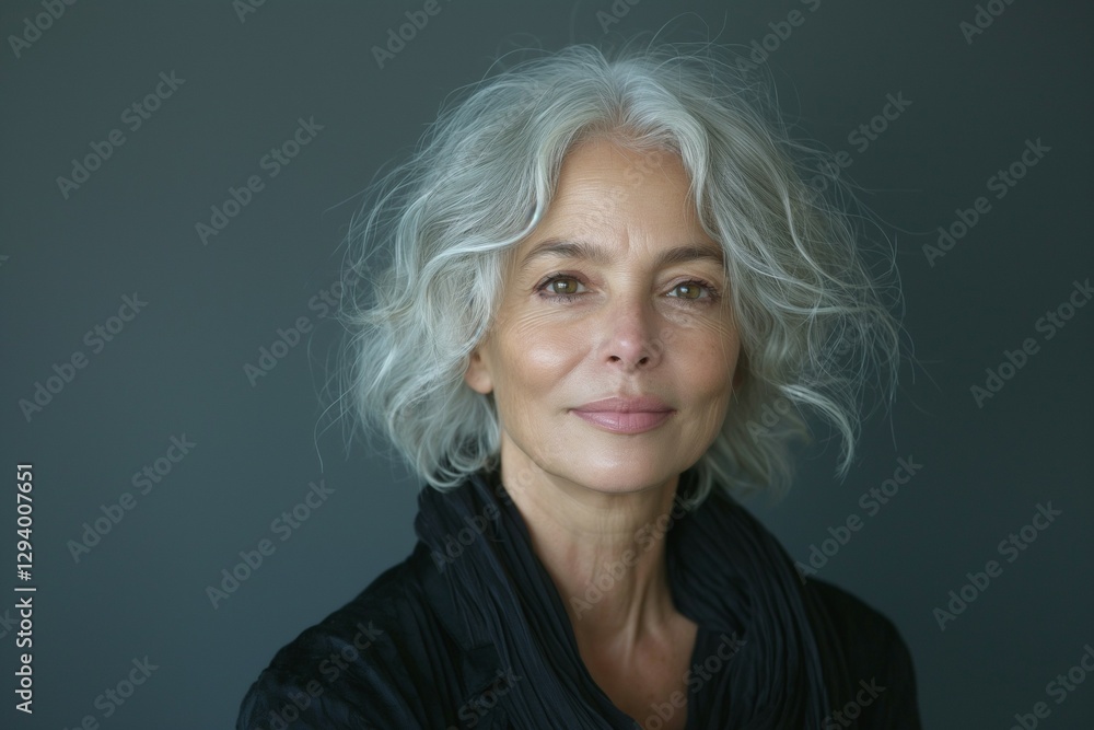 A confident, middle-aged Caucasian woman with gray hair smiles warmly, capturing a moment of grace against a soft backdrop. A confident, middle-aged Caucasian woman with gray hair smiles warmly, capturing a moment of grace against a soft backdrop.