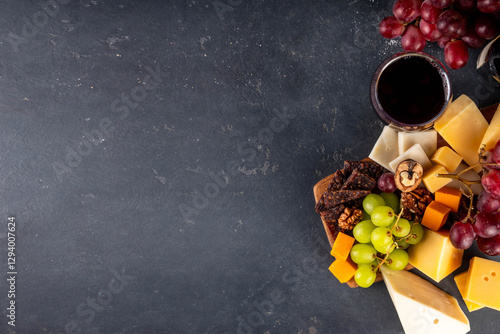 Принти на полотні Tasty delicious cheese and dried sausage appetizers board, with wine, nuts, grap