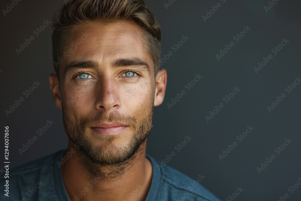Obraz premium Close-up portrait of a handsome Caucasian man with striking blue eyes and a well-groomed beard.