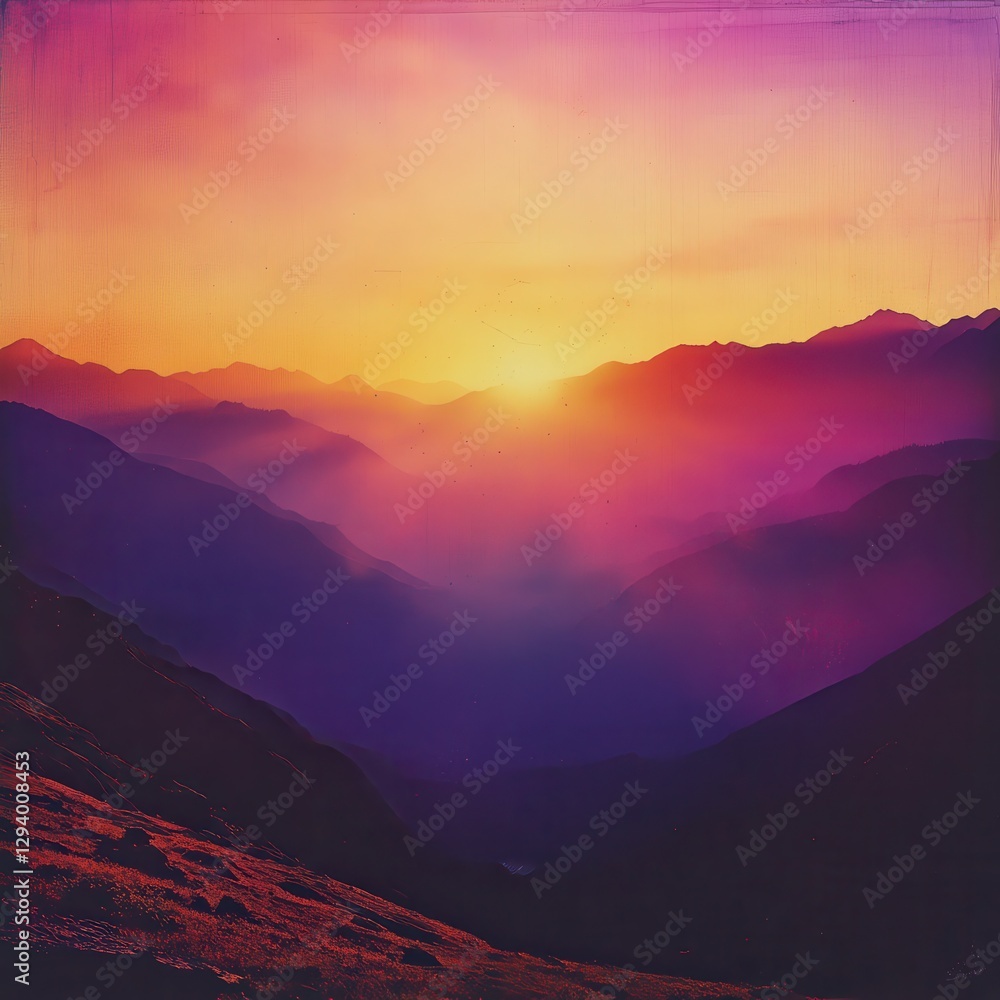 Majestic mountains rise in the distance, beautifully silhouetted against a vibrant sunset sky. Majestic mountains rise in the distance, beautifully silhouetted against a vibrant sunset sky.