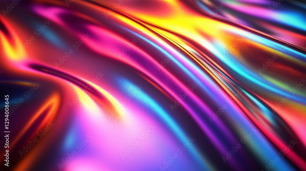 Abstrakter Hintergrund mit fließenden, wellenförmigen Verläufen in leuchtenden Regenbogenfarben. Holografische Metallic-Textur mit glänzenden Pink-, Blau- und Gelbtönen Abstrakter Hintergrund mit fließenden, wellenförmigen Verläufen in leuchtenden Regenbogenfarben. Holografische Metallic-Textur mit glänzenden Pink-, Blau- und Gelbtönen