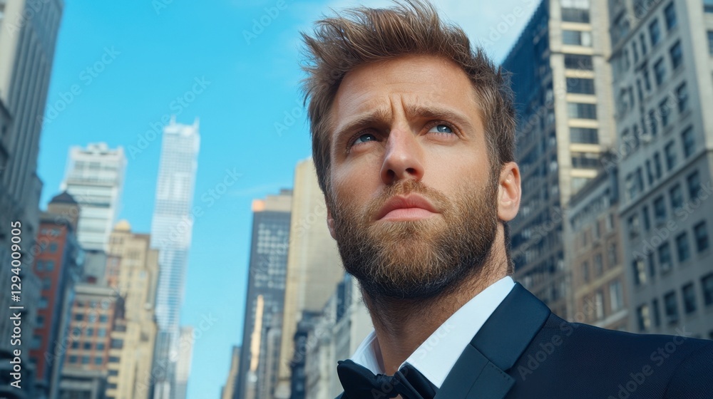 A man in a tuxedo looks upward on a city street, skyscrapers in the background. Daytime, urban setting. He has a beard and short brown hair. A man in a tuxedo looks upward on a city street, skyscrapers in the background. Daytime, urban setting. He has a beard and short brown hair.