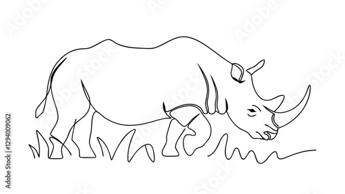 A minimalist line drawing depicts a rhinoceros peacefully grazing in short grass. The singleline style creates a continuous, elegant image of the animal in its natural habitat.