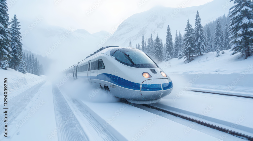 sleek train travels through snowy landscape, surrounded by tall pine trees and mountains. scene captures beauty of winter travel sleek train travels through snowy landscape, surrounded by tall pine trees and mountains. scene captures beauty of winter travel
