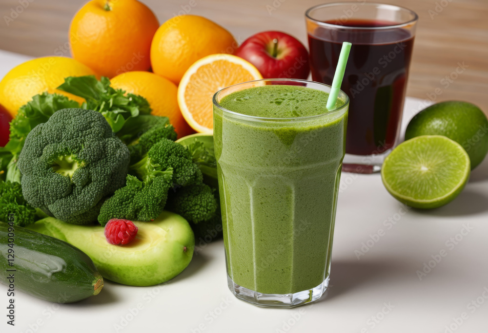 Close up of fruit vegetables and a detox drink Close up of fruit vegetables and a detox drink